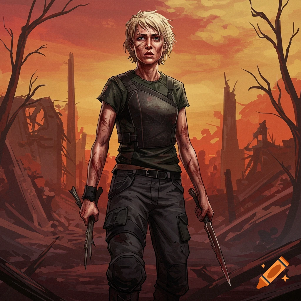 A woman with short blonde hair, standing in a ruined city holding a knife and a broken stick.