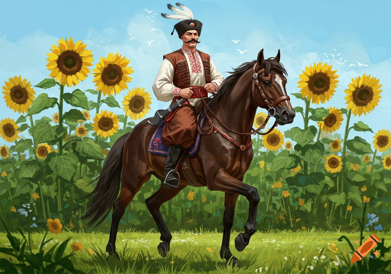 A Cossack rides a horse through a field of sunflowers.