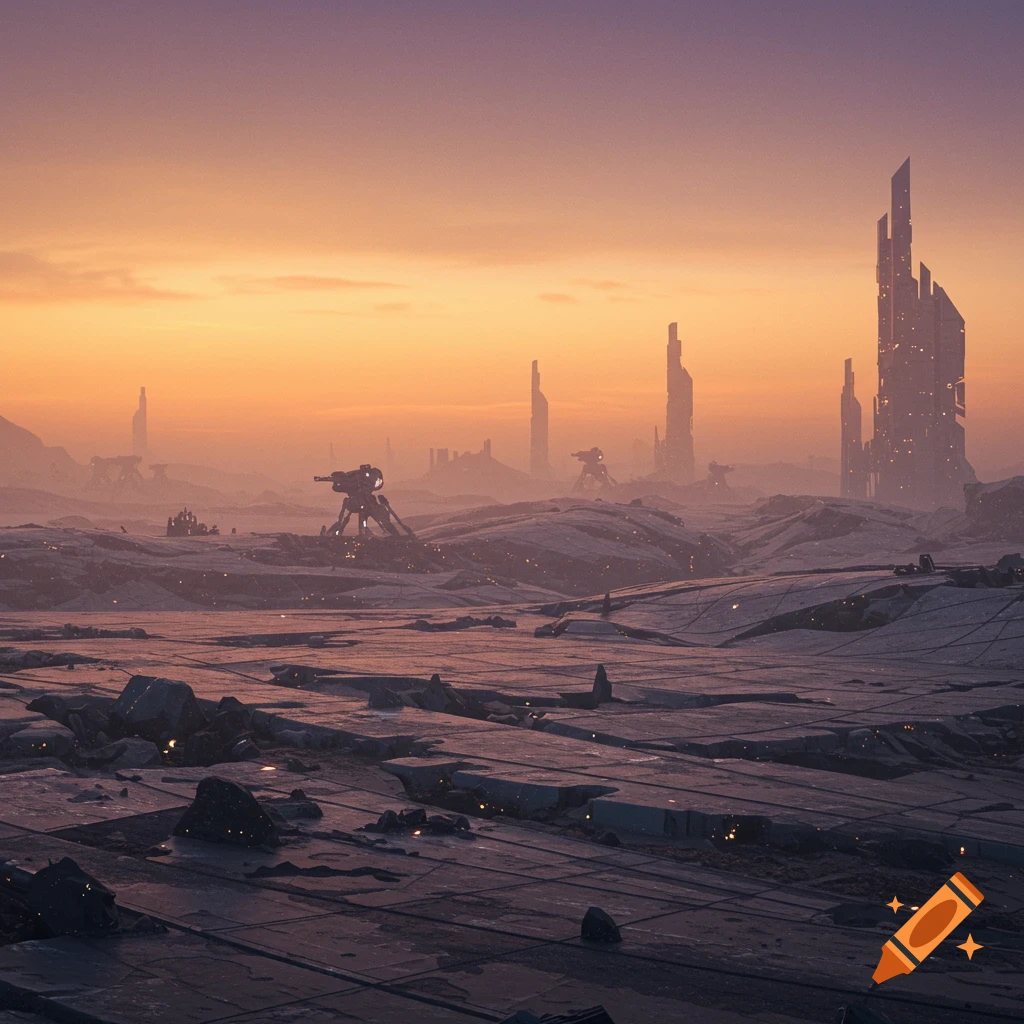 A futuristic desert landscape at sunset with giant mechs and tall, angular buildings.
