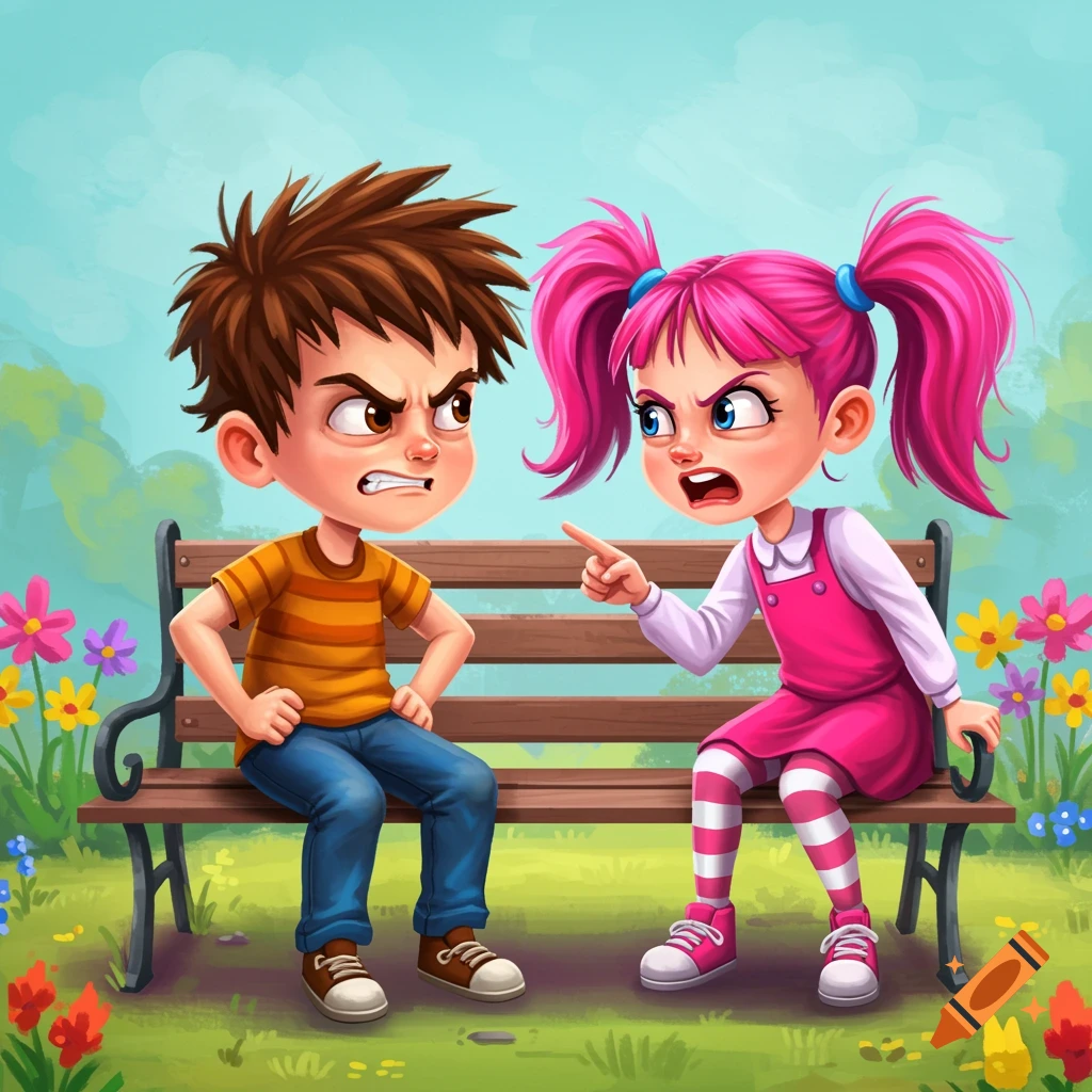 Cartoon illustration of a boy and girl sitting on a park bench, arguing fiercely.