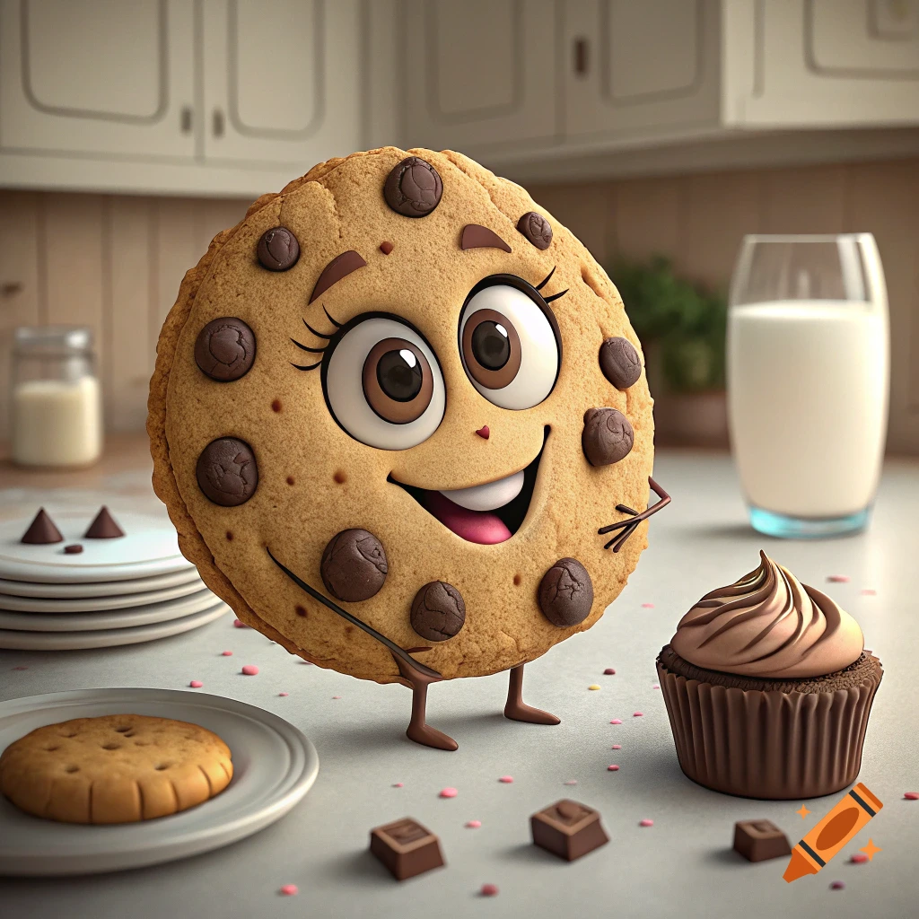 A cheerful cartoon cookie character stands on a kitchen counter next to a glass of milk, a cupcake, and chocolate squares.
