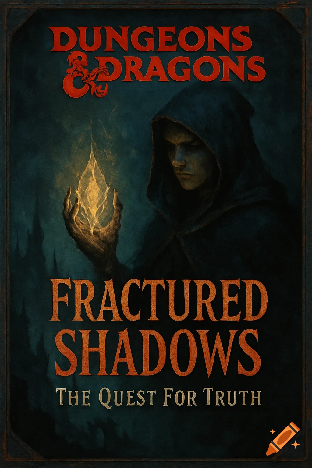 A cloaked figure holds a glowing crystal, with Dungeons & Dragons campaign titles.