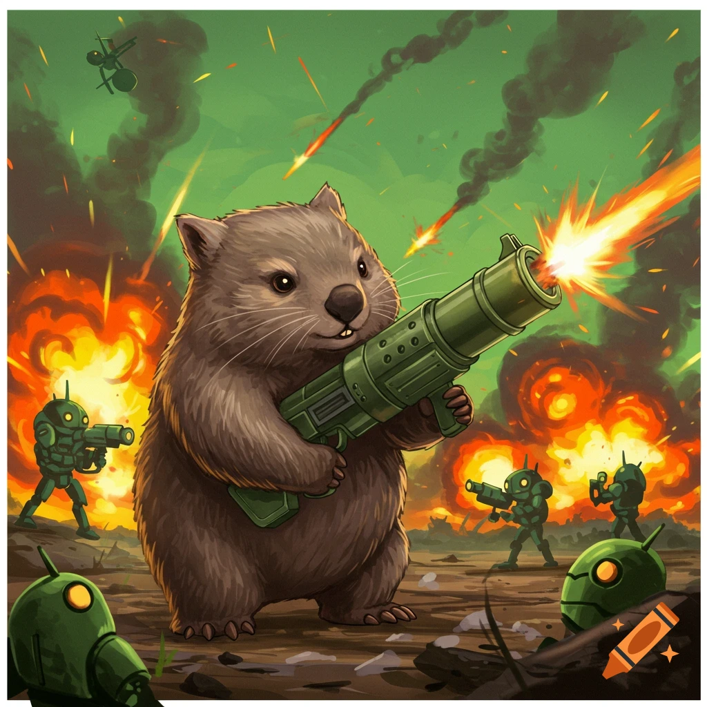 A wombat holds a rocket launcher in a battle scene with robots and explosions.