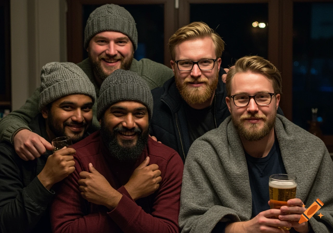 Group portrait of four smiling men, some with beards and hats, one holding a glass of beer.