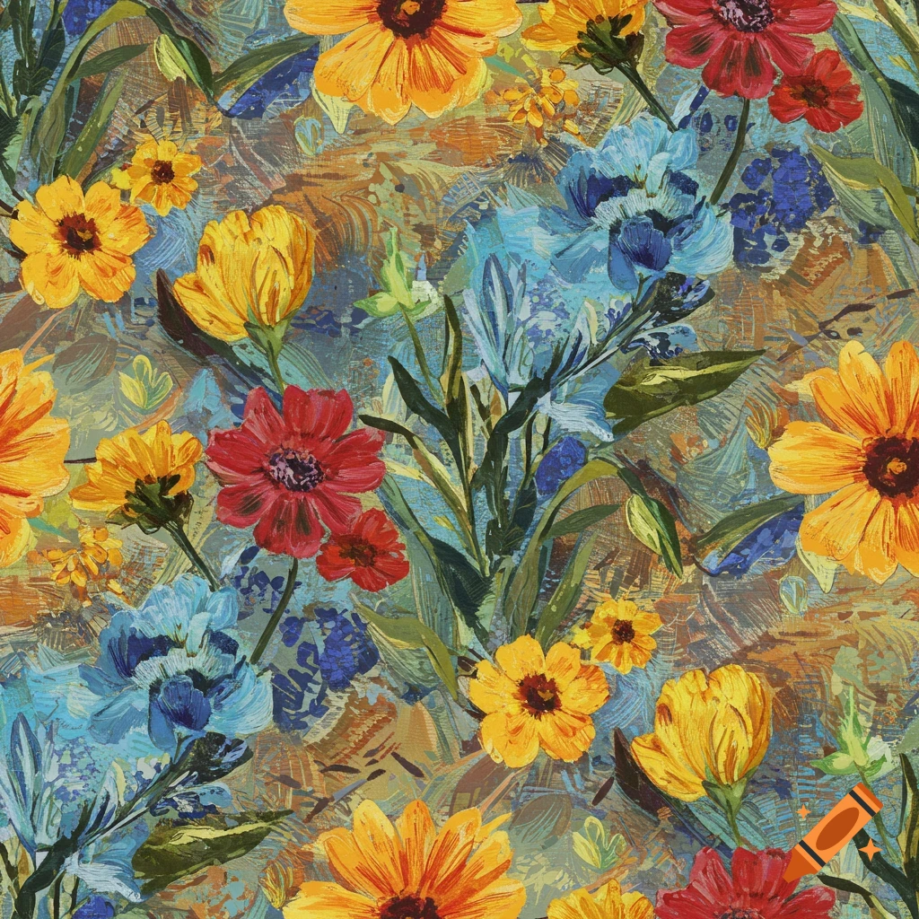 Colorful painting of flowers in a textured, patchwork style