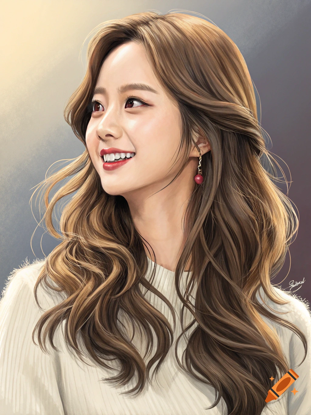 A smiling woman with long brown hair wears a white sweater.