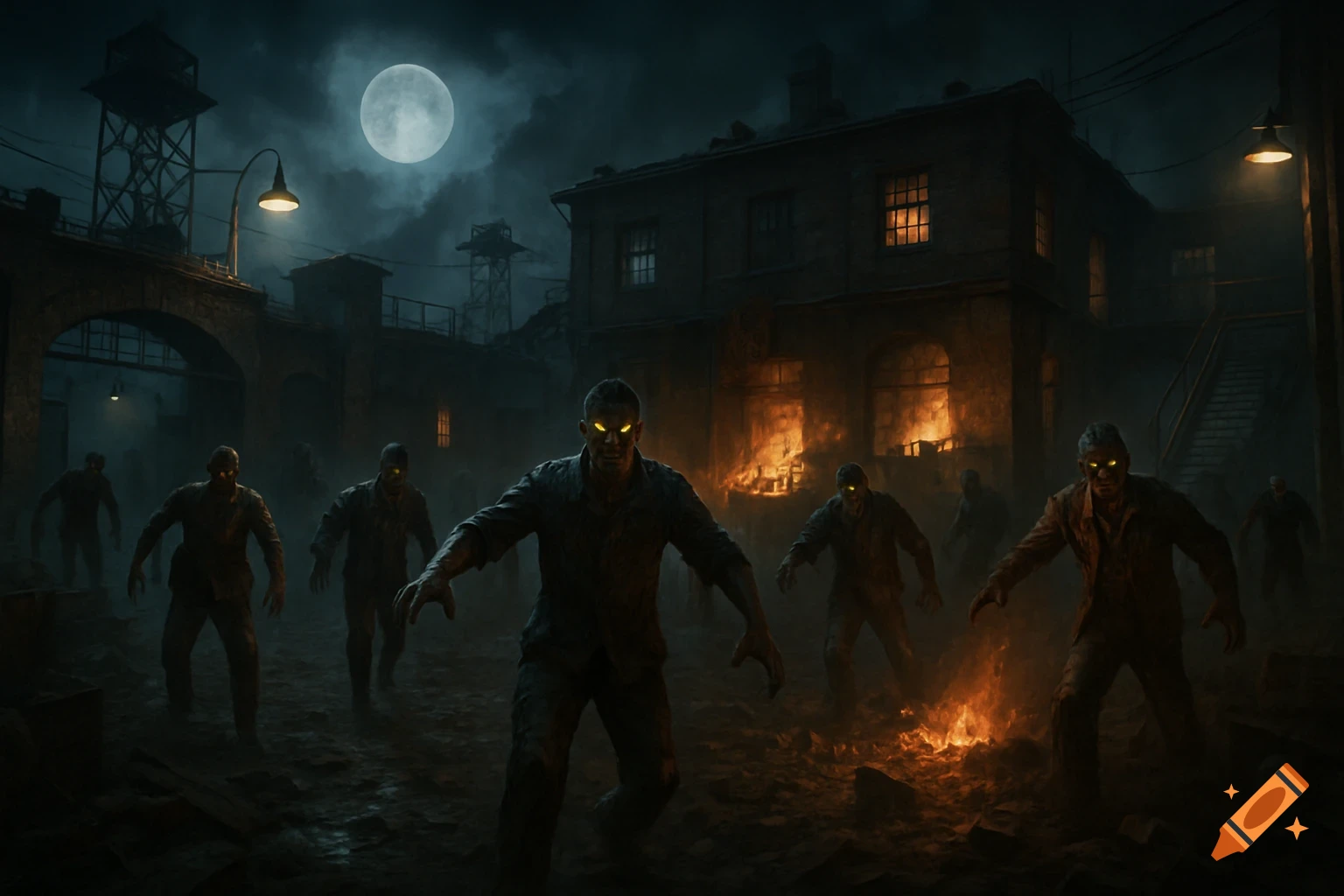 Zombies under a full moon in a dark, ruined industrial area with fires.