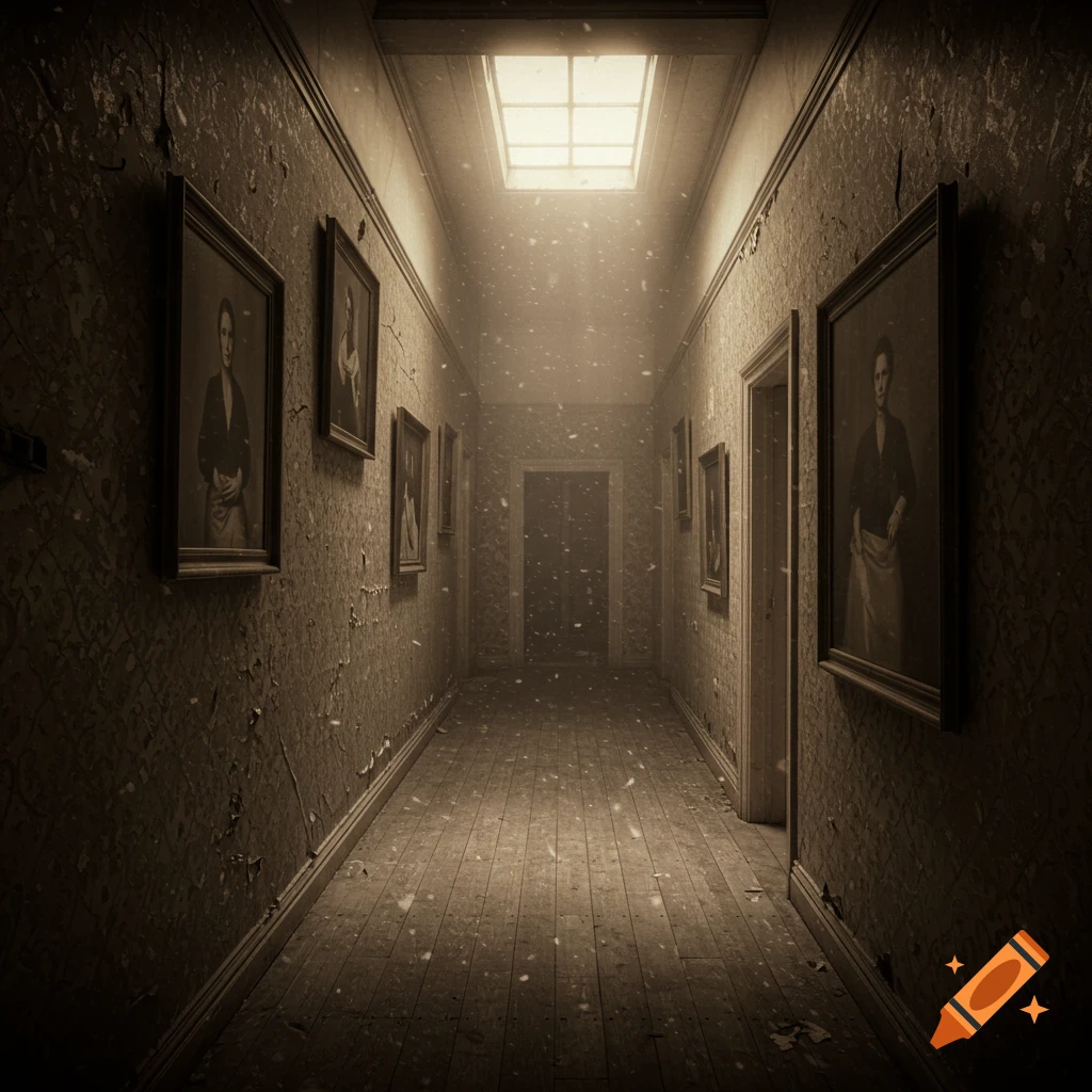 Dark, sepia-toned hallway with peeling wallpaper, wooden floor, framed portraits, and light streaming from a skylight.