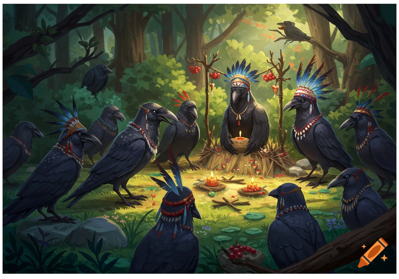 Crows in a forest clearing holding a ceremony with candles and headdresses.
