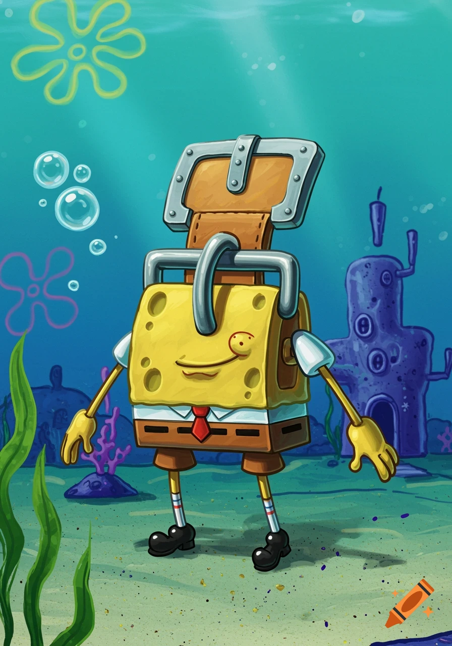 A cartoon character resembling a transformed buckle in the style of SpongeBob SquarePants underwater.