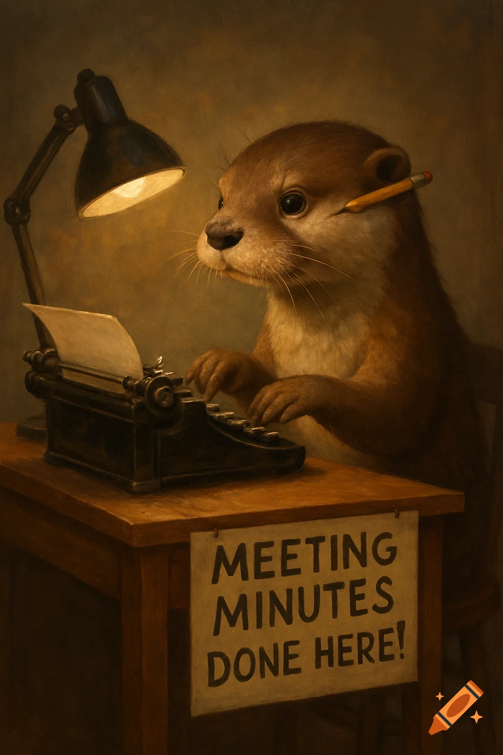 An otter typing on a typewriter at a desk with a lamp and a sign that says 'Meeting Minutes Done Here!'