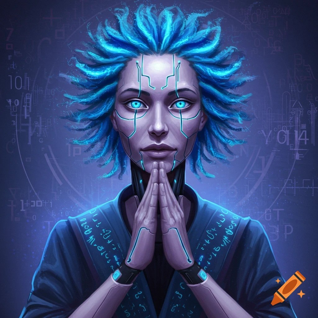 A cyborg figure with blue hair, glowing eyes and circuits, hands clasped, against a futuristic background.
