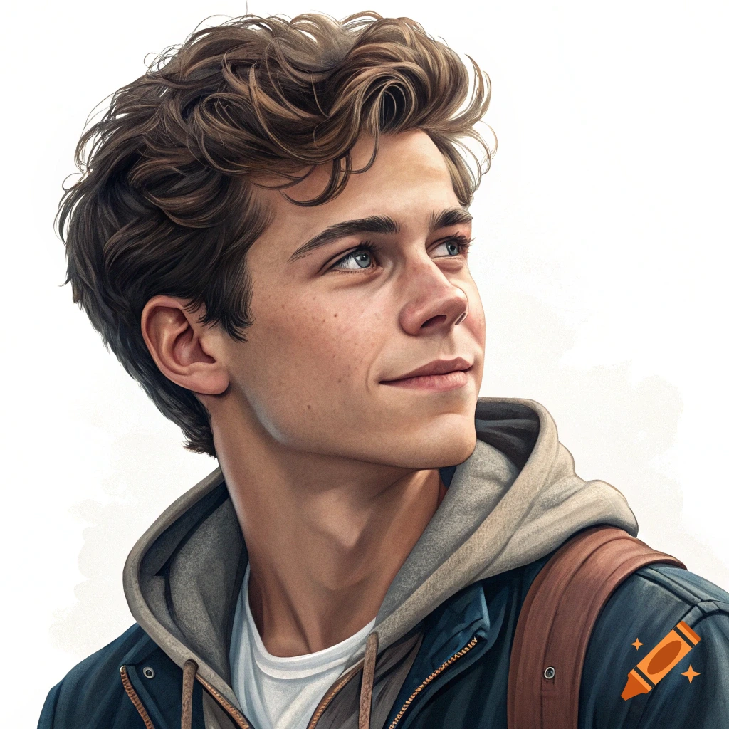 A young man with brown hair is looking up.