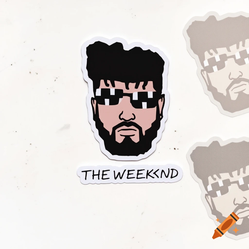 Stylized sticker illustration of a person with sunglasses and beard, with text 'THE WEEKKND'.