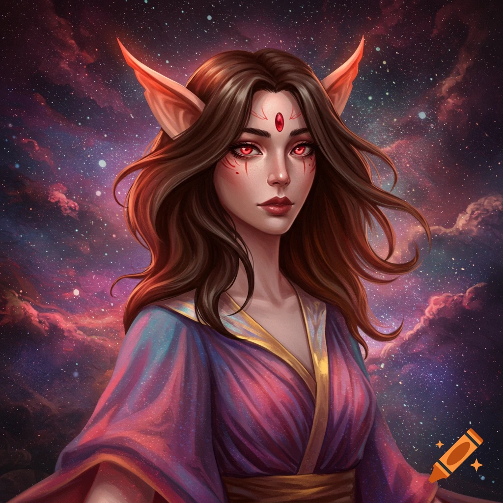 A woman with pointed ears, red eyes, facial markings, and a gem on her forehead, wearing a purple robe, set against a starry sky with nebulae.