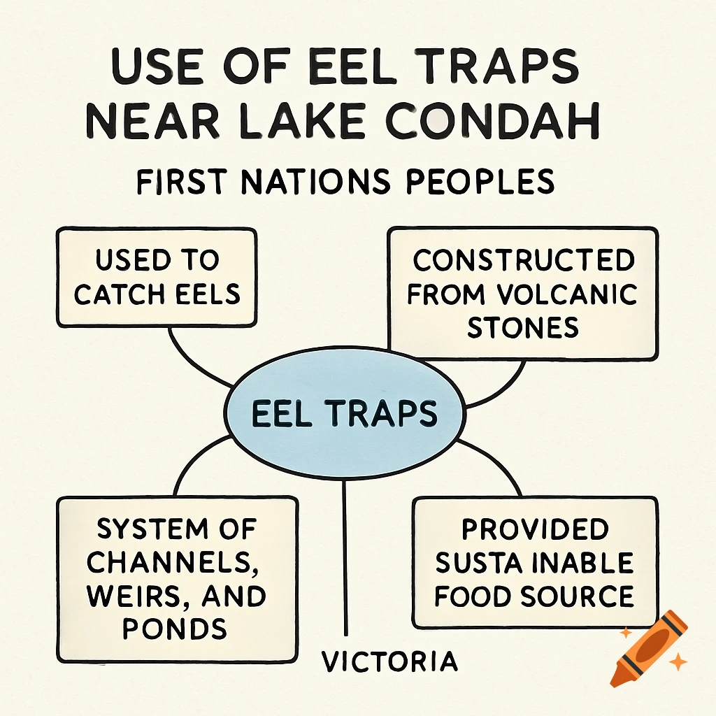 Mind map about First Nations eel traps near Lake Condah in Victoria.
