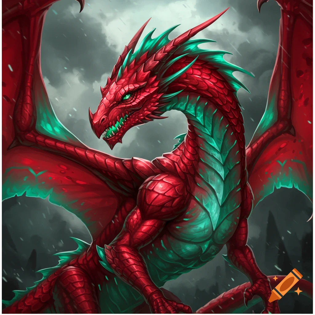 A red dragon with teal scales, set against a stormy sky.