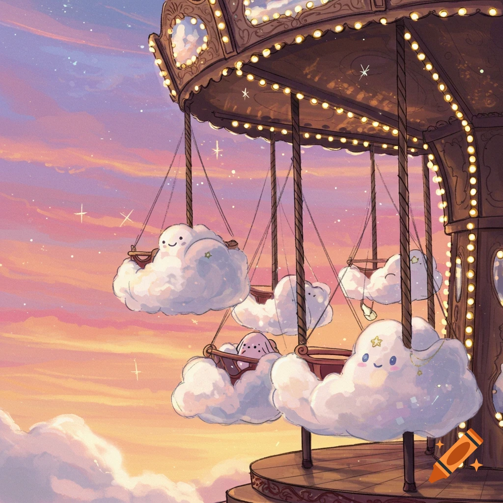 Whimsical carousel in the sky at sunset with cloud seats that have happy faces.