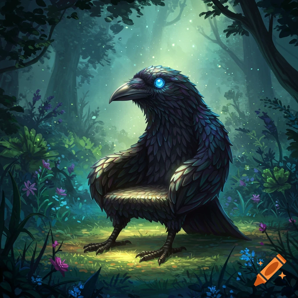 A mystical chair shaped like a crow sitting in a forest.