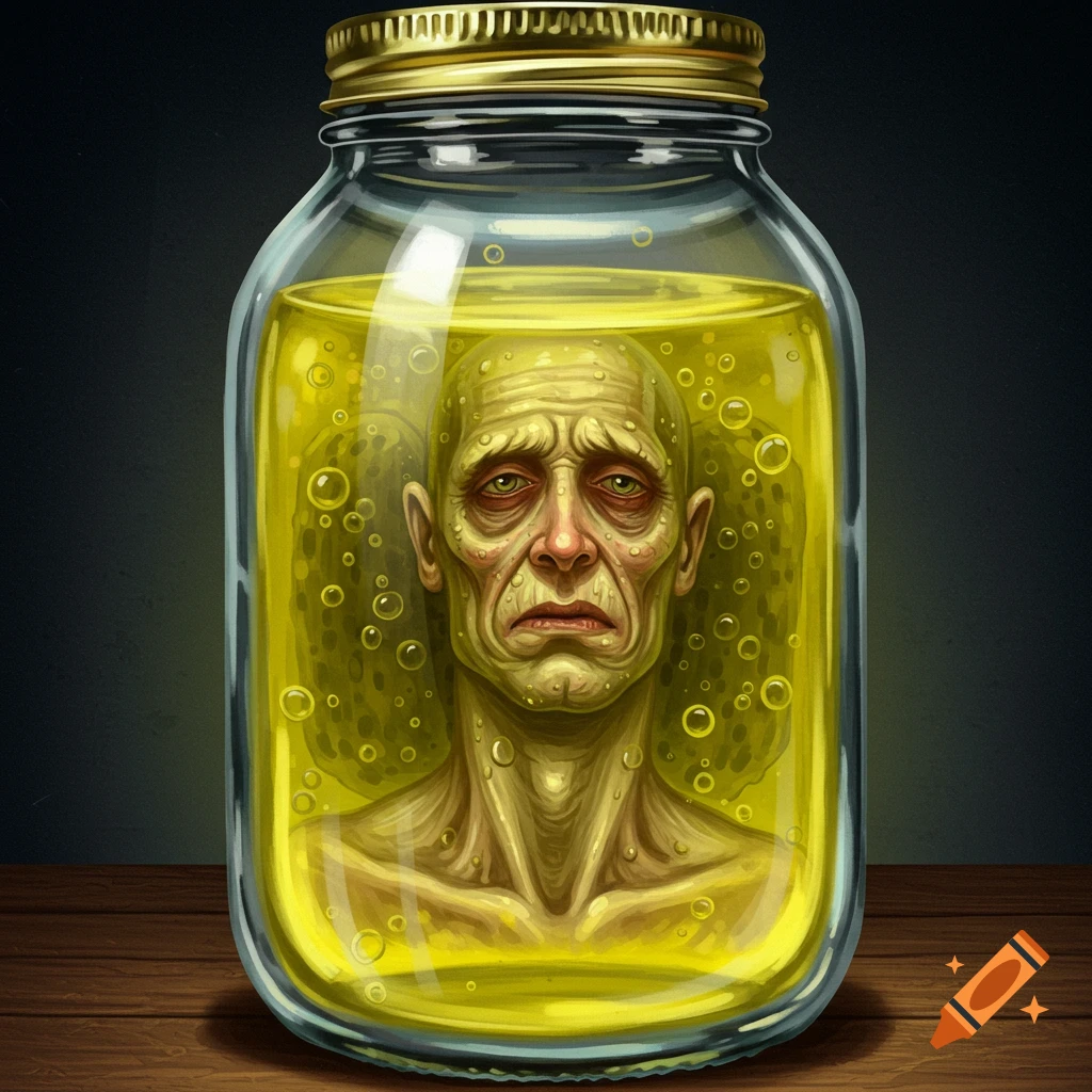 a human head preserved in a jar of yellow liquid.