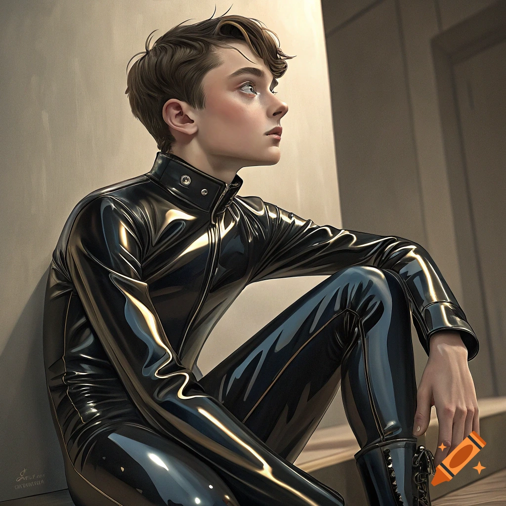 A young person sits wearing a shiny black latex suit in a stylized portrait.