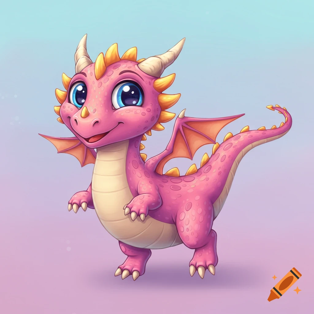 A cute pink cartoon dragon with big blue eyes stands against a gradient background.