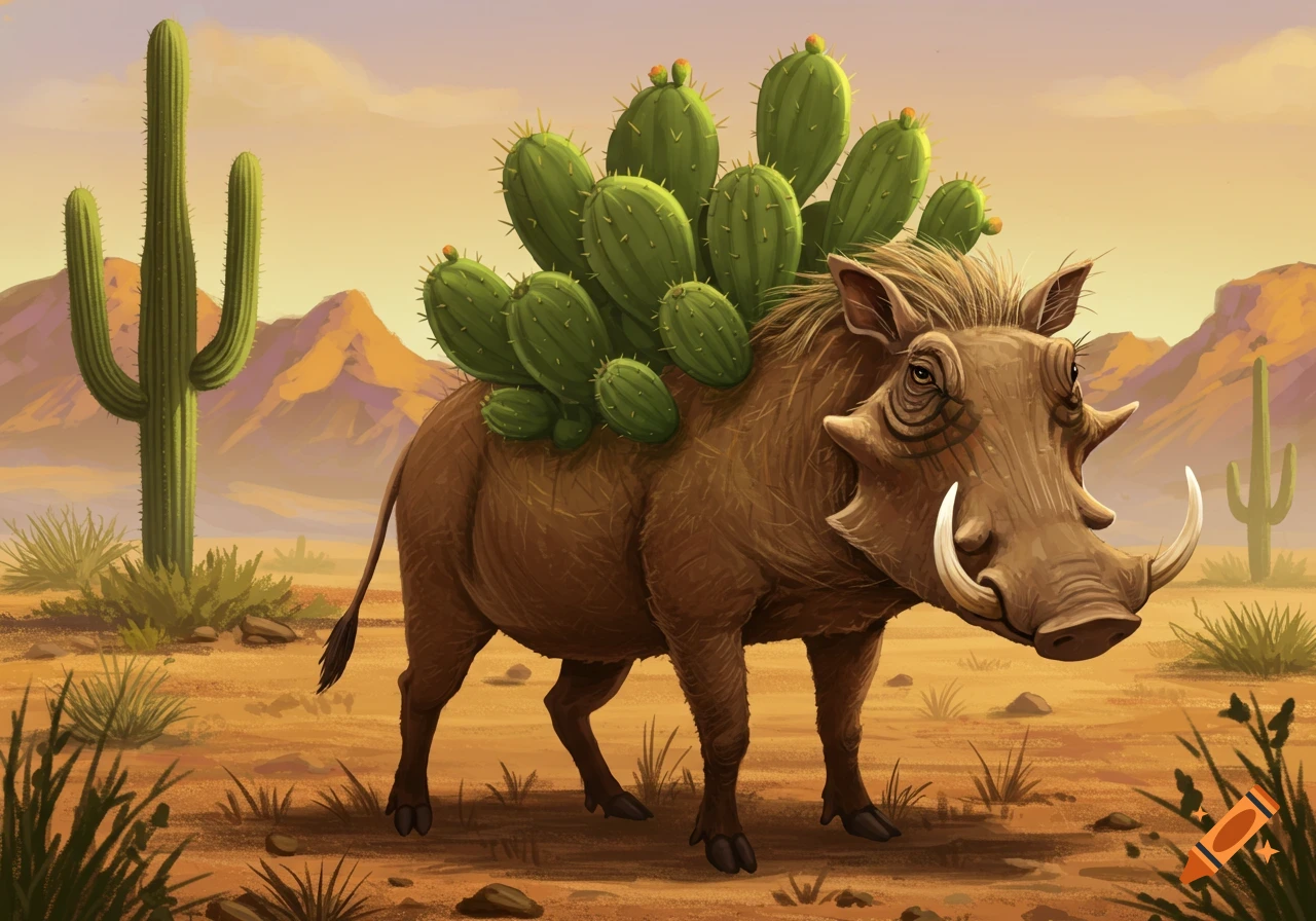 A warthog with cacti growing on its back stands in a desert landscape.
