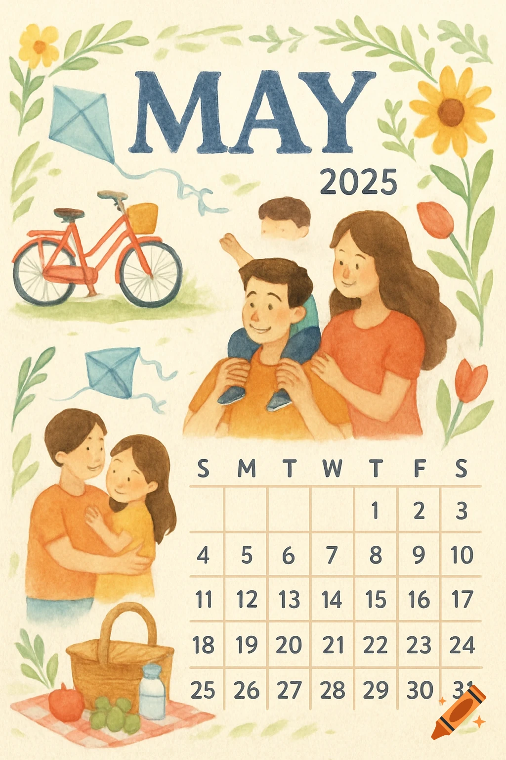 Watercolor illustration of a May 2025 calendar with family, bike, kites, and picnic items.