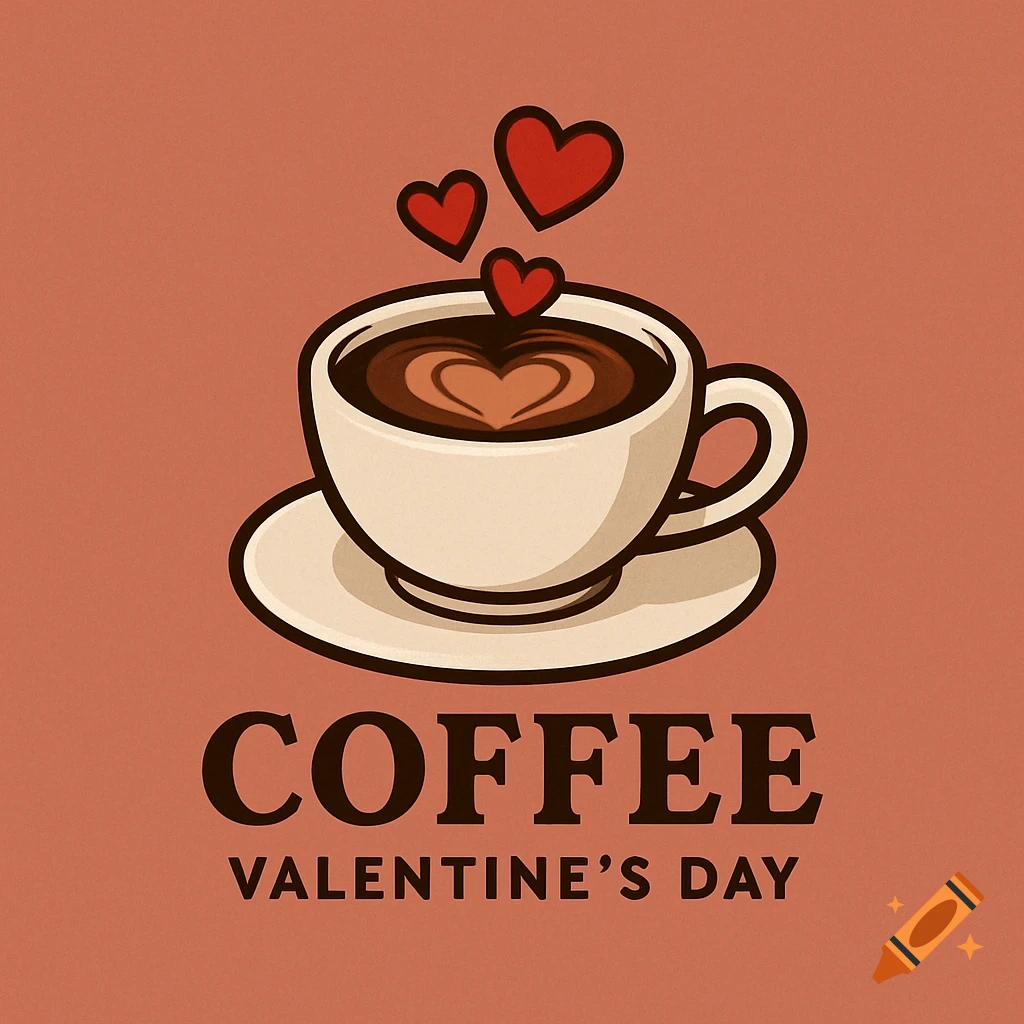 Illustration of a coffee cup with heart-shaped latte art and floating hearts, with the text COFFEE VALENTINE'S DAY below.