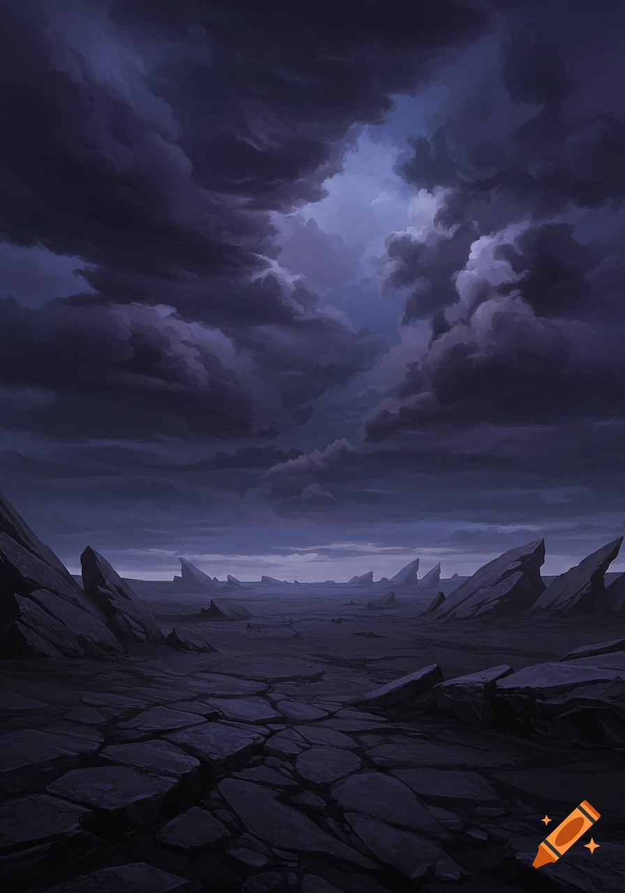 Dark, rocky landscape under stormy, dark clouds.