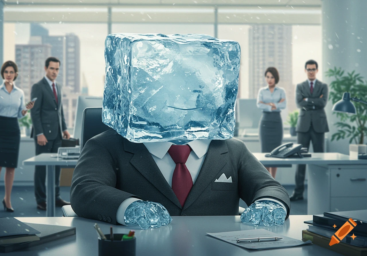 A man with an ice cube head wearing a suit sits at a desk in an office with colleagues.