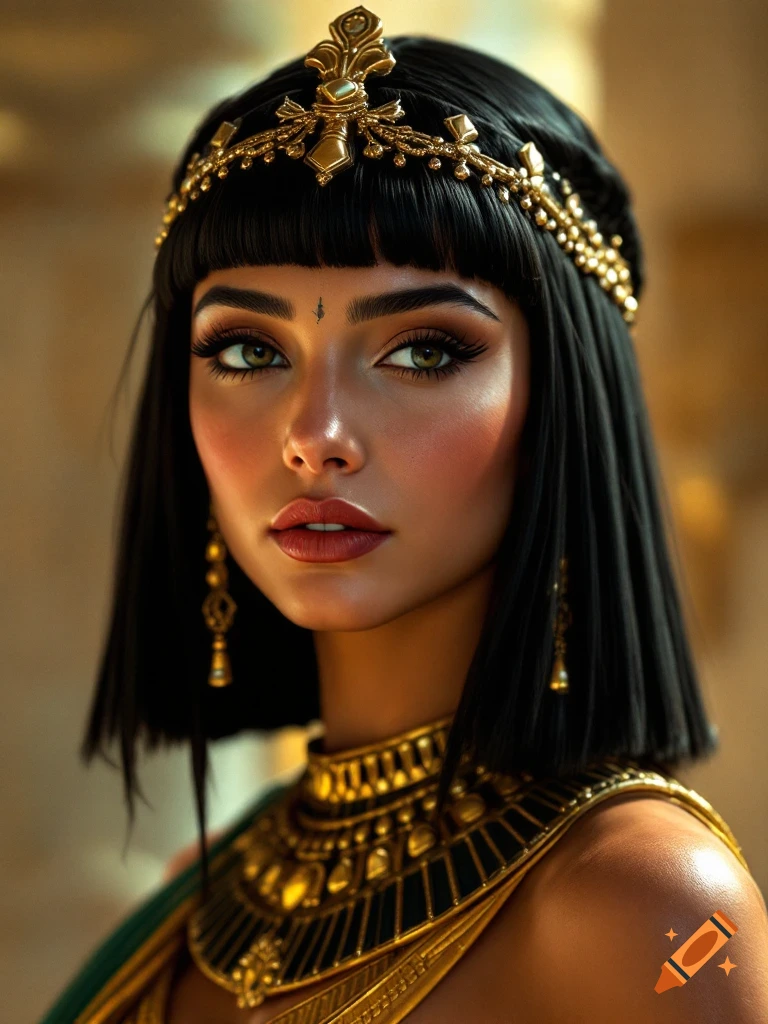 Photorealistic portrait of a woman in ancient Egyptian attire with a golden headdress and necklace.