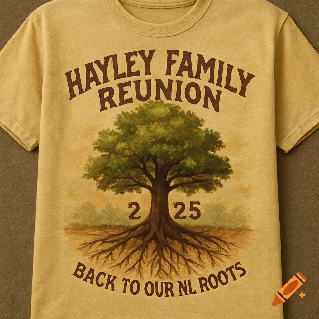 A yellow t-shirt design featuring a tree with roots and text reading "Hayley Family Reunion 2 25 Back to our NL Roots".