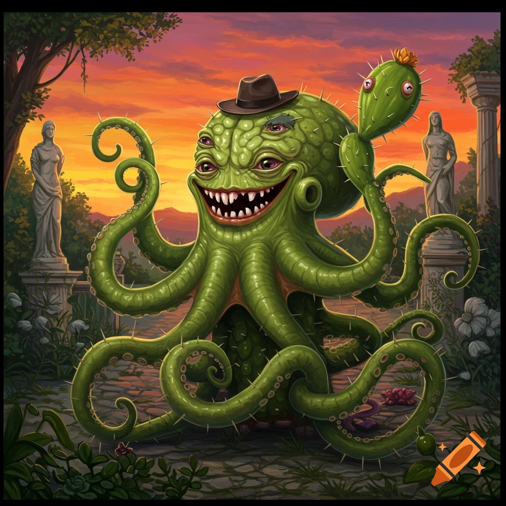 A spiky green octopus-cactus creature with multiple eyes and a hat, standing in a garden.