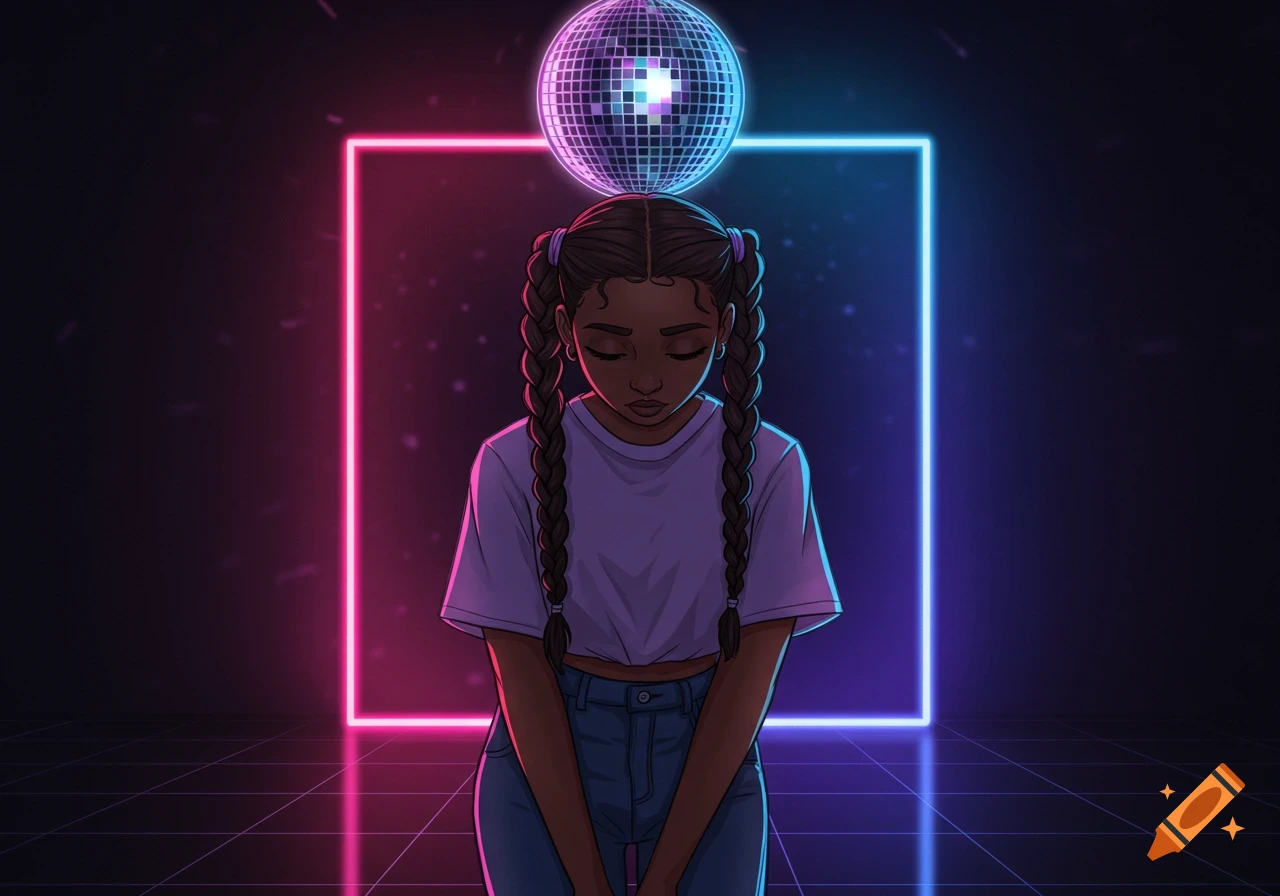 Animated girl with braided pigtails stands with head down in a dark room with pink and blue neon lights and a disco ball above her.
