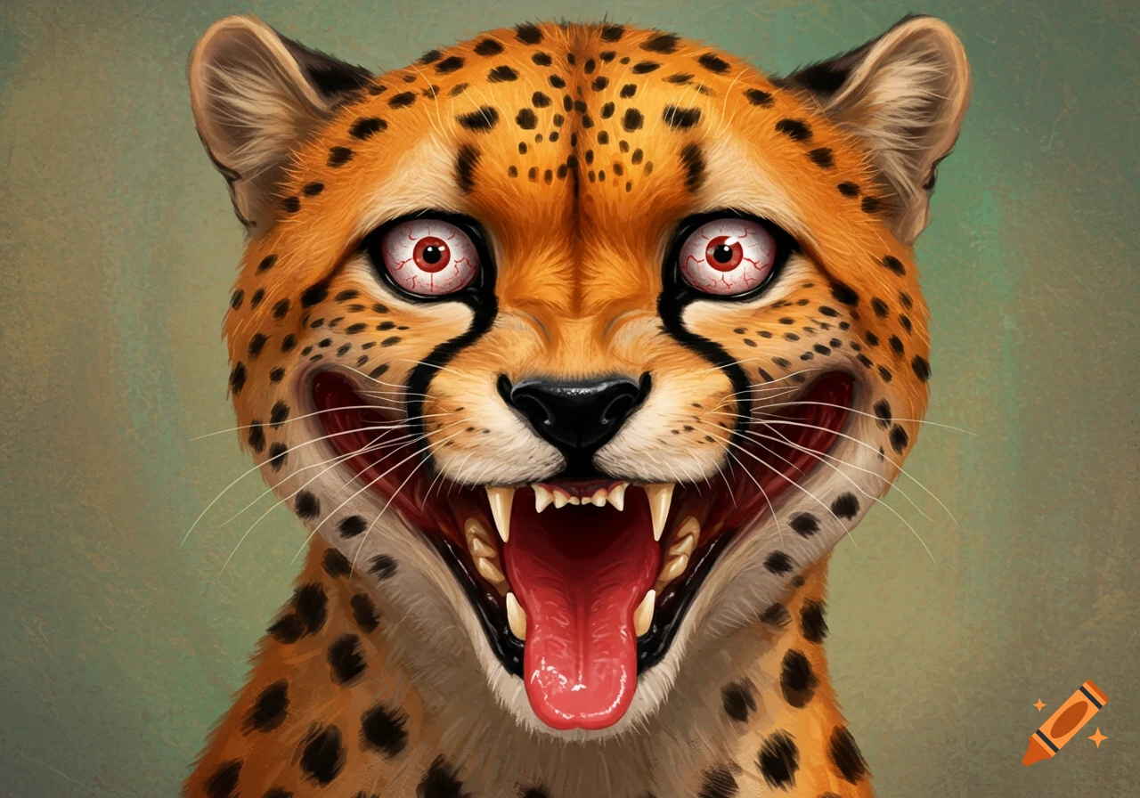 A close-up of a cheetah's face with exaggerated bloodshot eyes, bared teeth, and tongue sticking out.