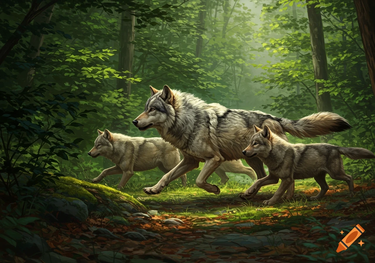 a pack of wolves running through a forest.