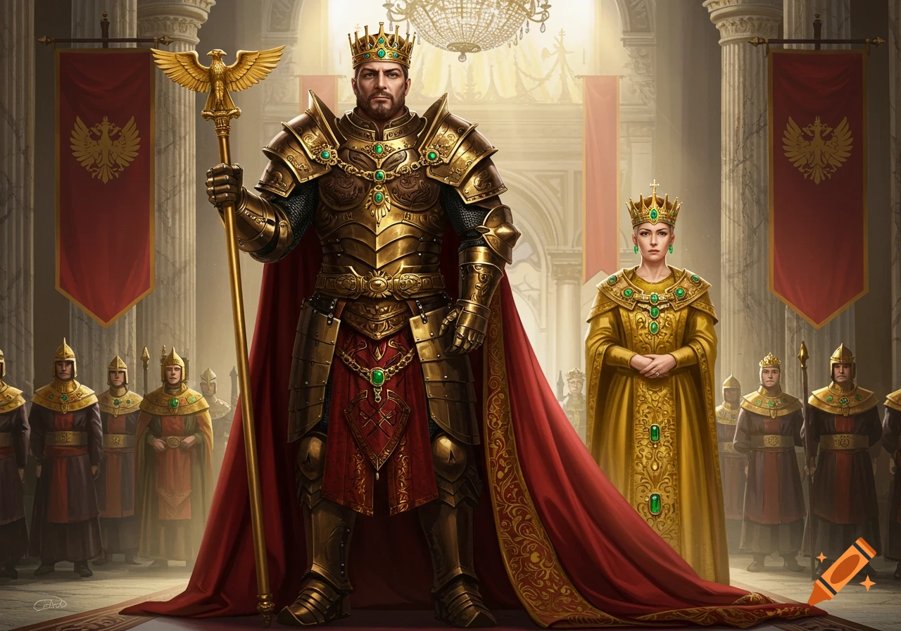 A regal emperor in golden armor and empress in golden robes in a grand palace hall.
