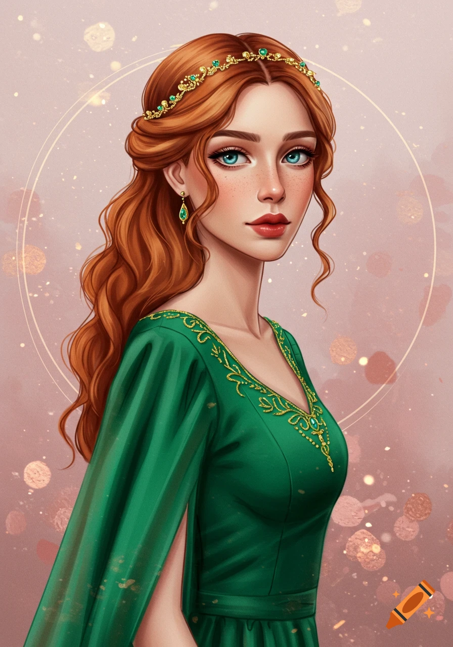 A red-haired woman in a green dress and golden headpiece.