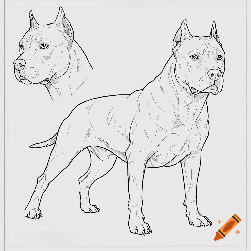 Line drawing outline of a Dogo Argentino dog with a head study.