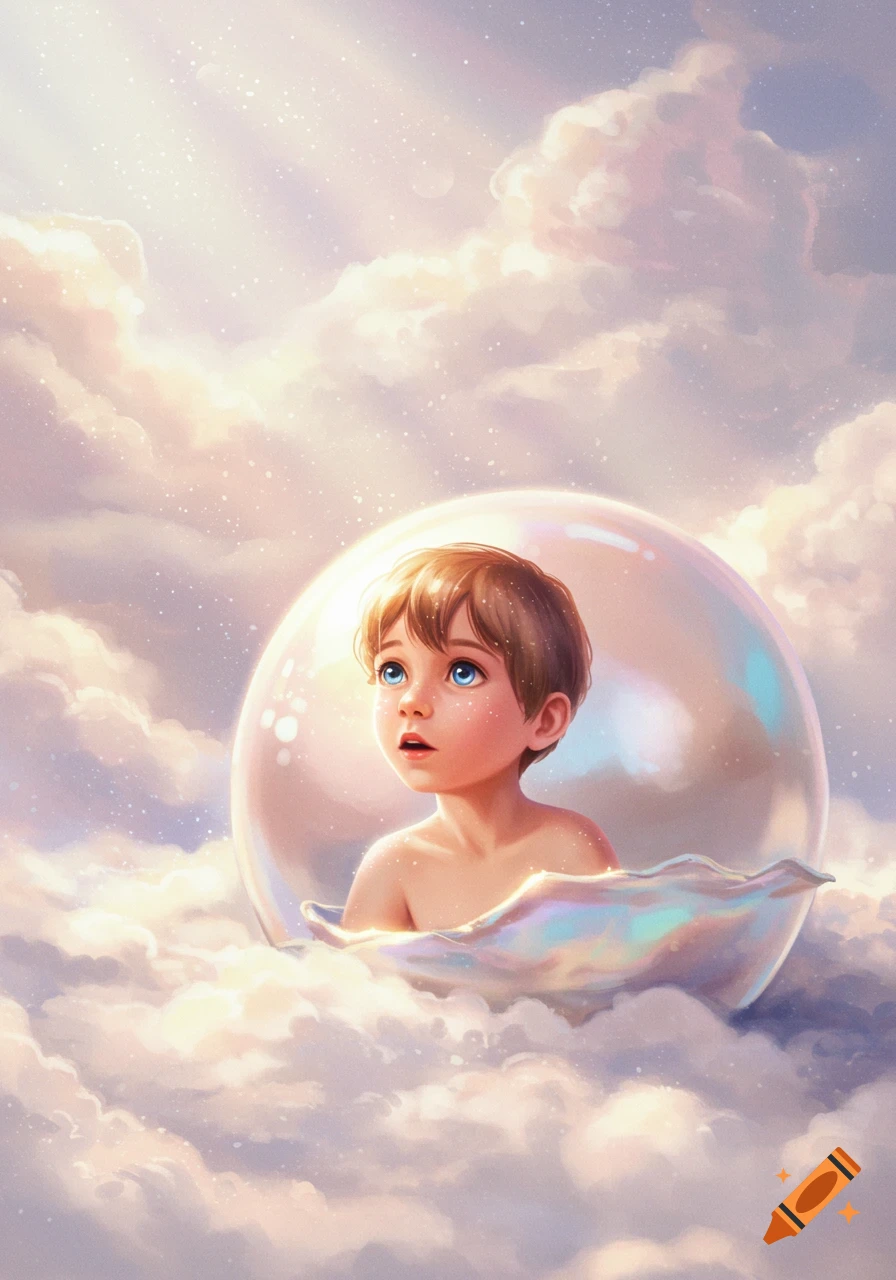 A young boy emerges from an iridescent pearl in the clouds.