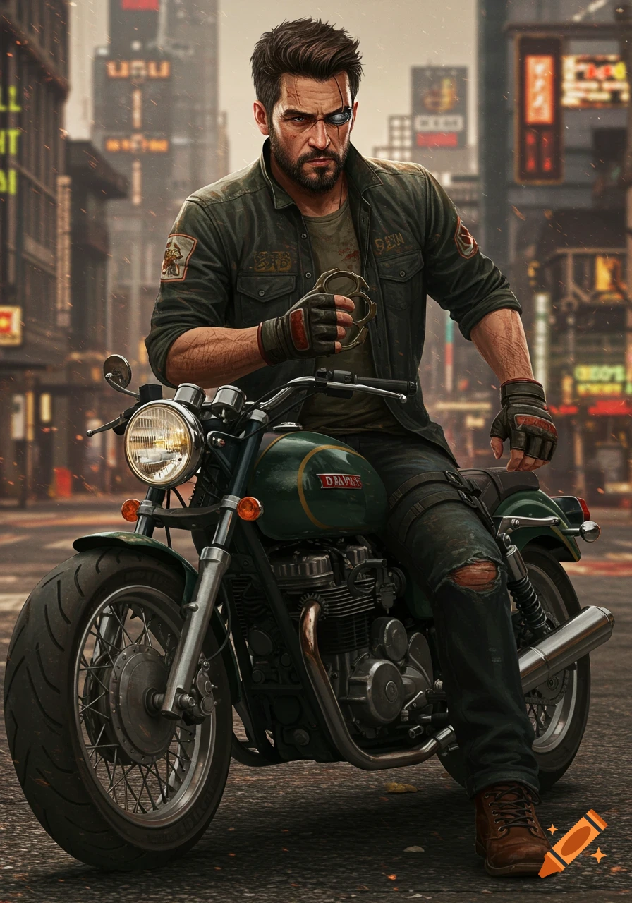 A man with scars and a cybernetic eye is riding a motorcycle in a futuristic city.
