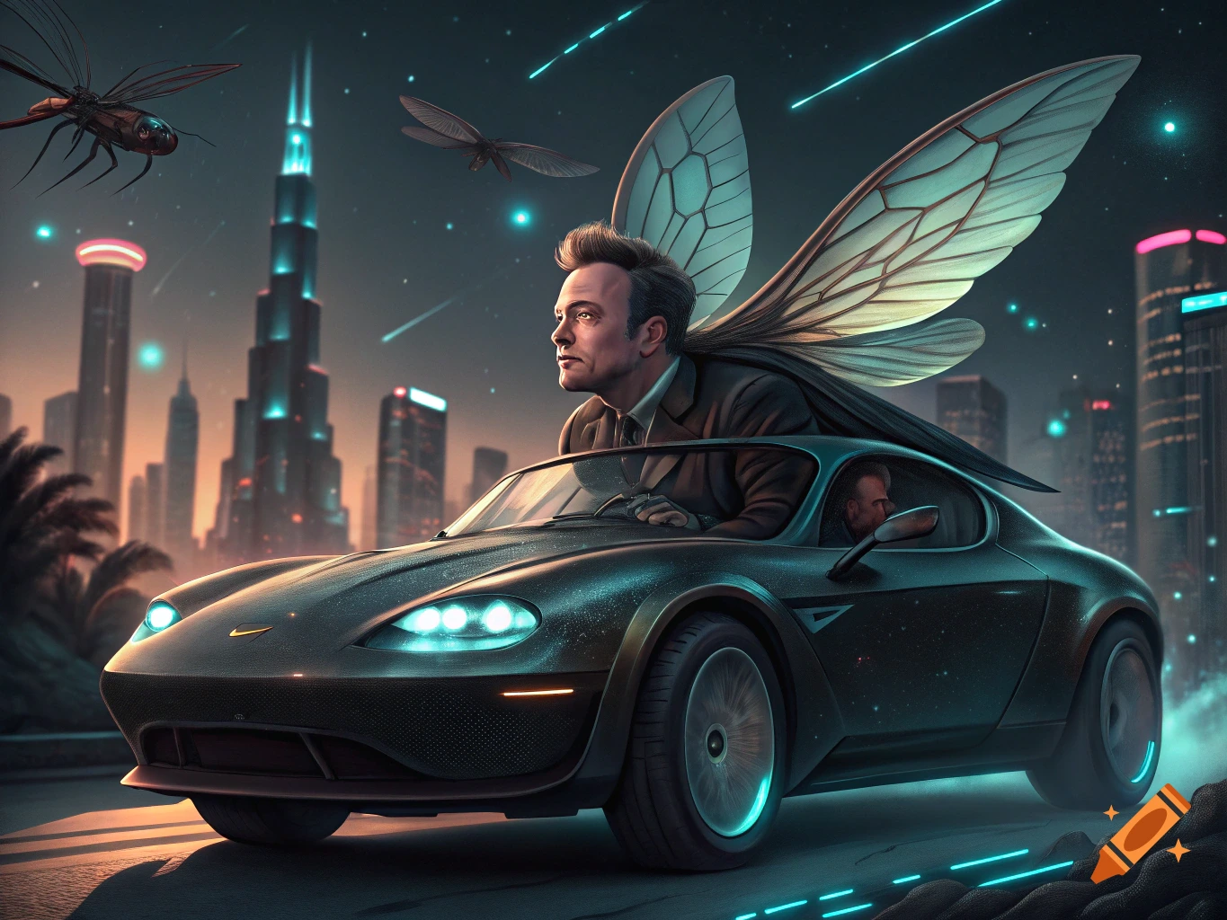 Elon Musk with insect wings drives a futuristic car through a neon city at night, with flying insects.