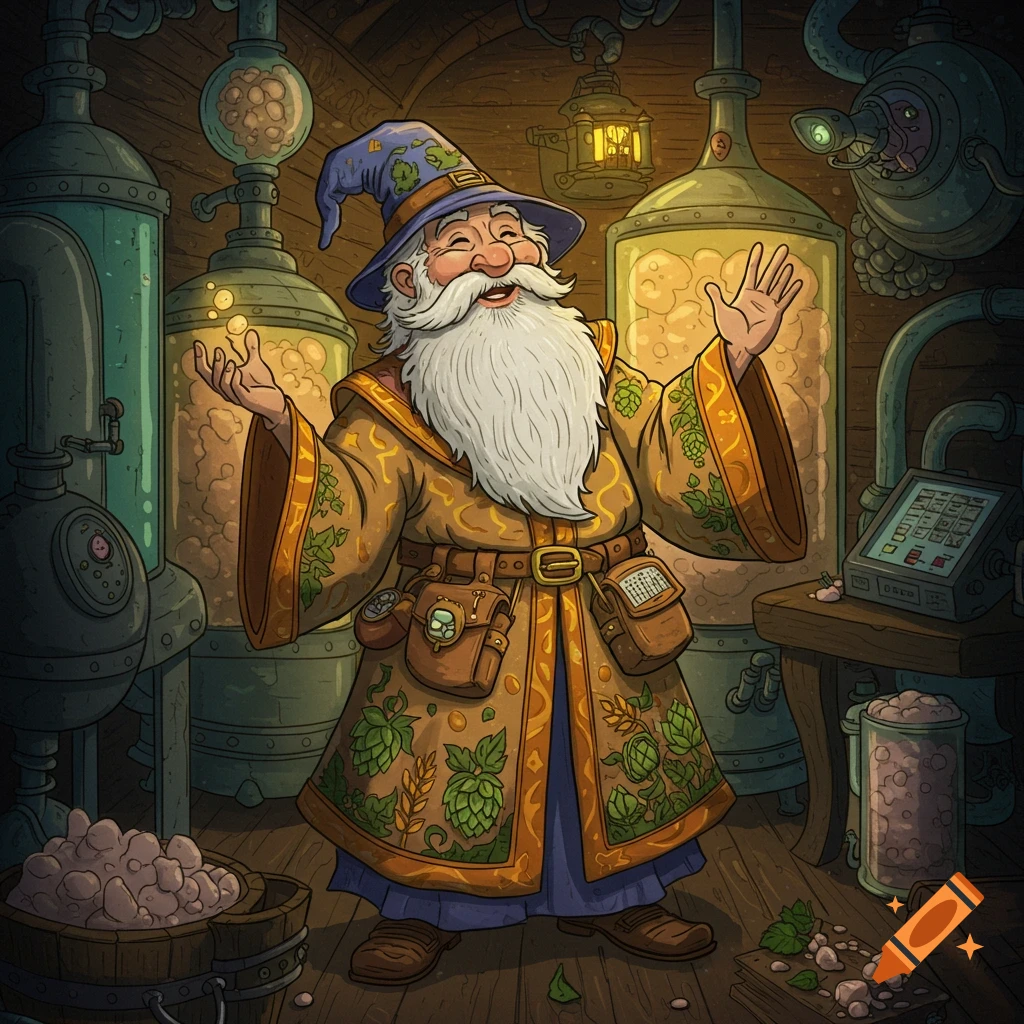 A smiling wizard standing in a fantasy brewery or lab, holding his hands up