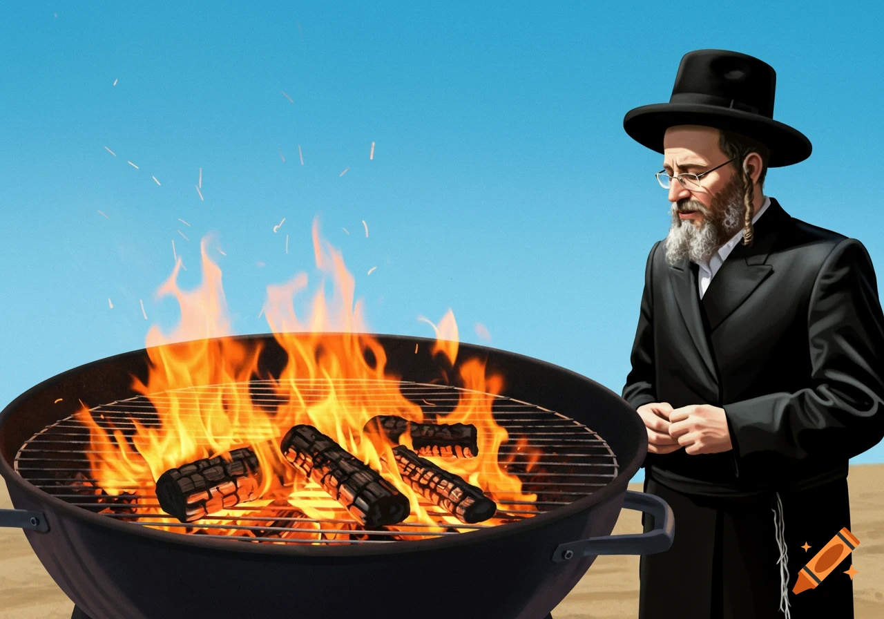 A man in religious attire looking at a burning barbecue grill.