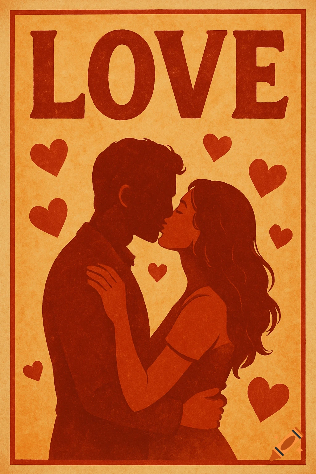 A couple kissing under the word LOVE, surrounded by hearts on a distressed orange background in a graphic art style.