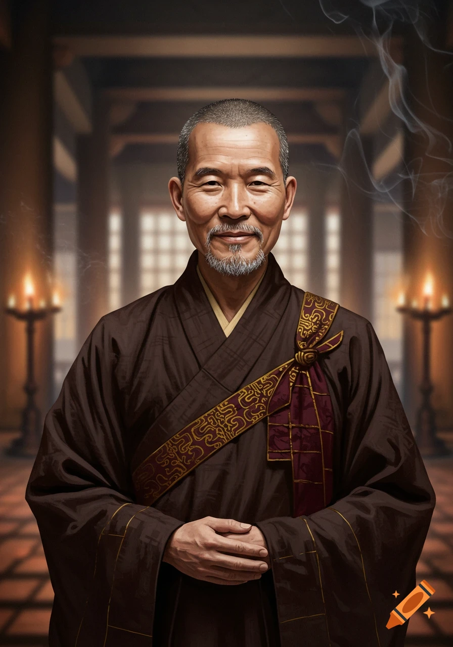 A middle-aged Asian monk in dark brown robes in a temple, hands clasped.