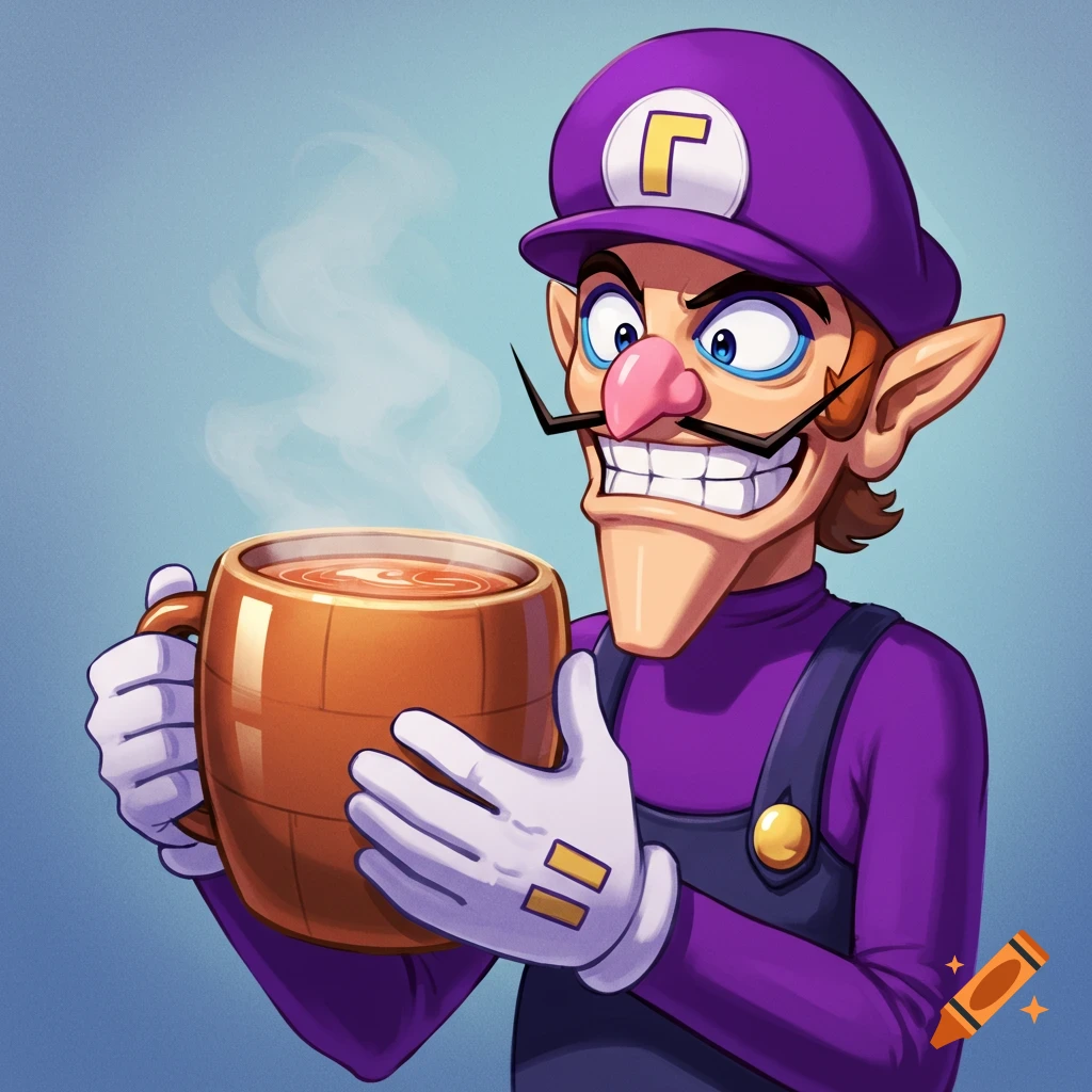 Waluigi holding a steaming wooden mug.