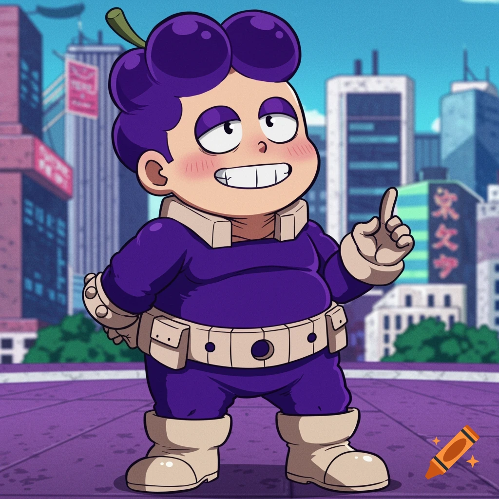 An anime character with purple grape hair in a hero costume stands in a city.