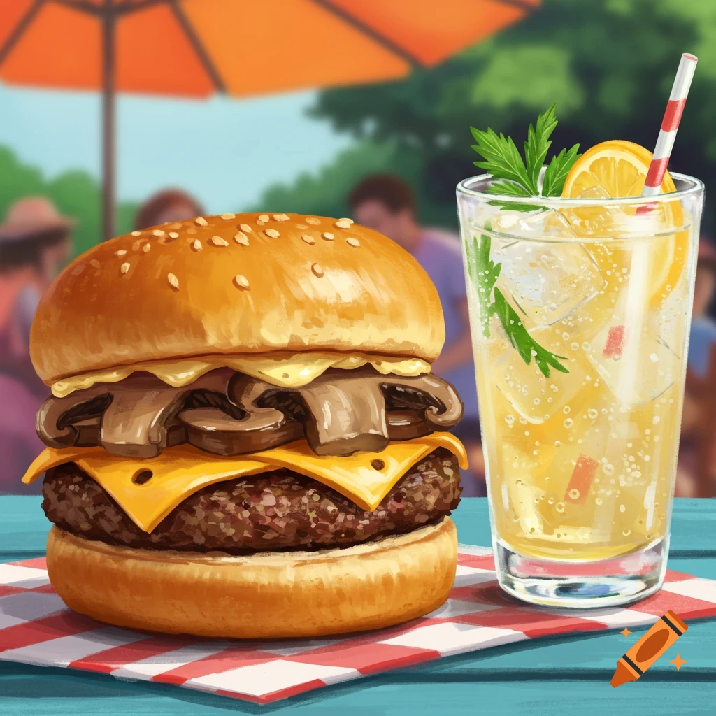 A mushroom cheeseburger and an alcoholic seltzer on a picnic table.